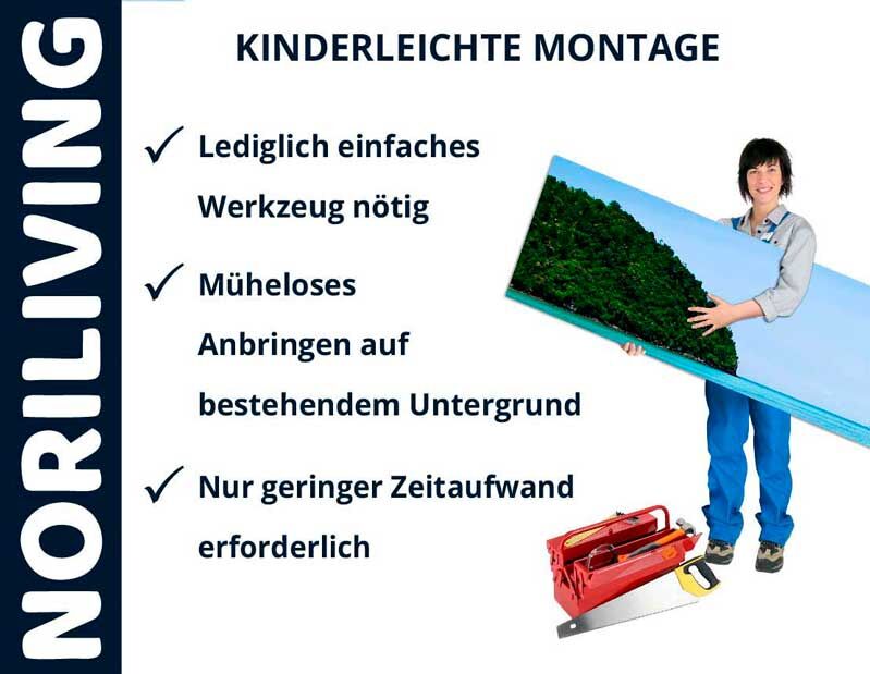 Person präsentiert ein Wandbild von NORILIVING, betont einfache Montage mit wenig Werkzeug und geringem Zeitaufwand.