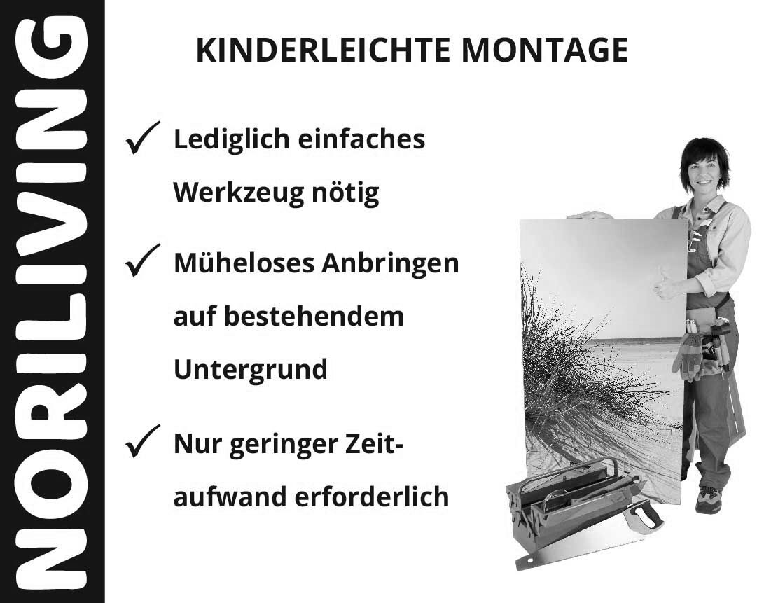 Werbung für Noriliving: Frau mit Bild und Montageutensilien, einfache Installation mit geringem Zeitaufwand, wenige Werkzeuge erforderlich.
