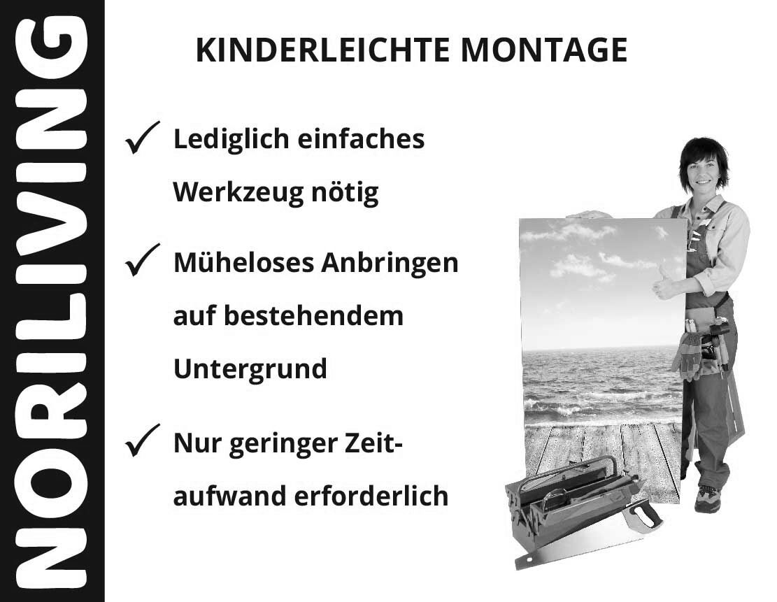 NORILIVING Werbung: Einfache Werkzeugnutzung, mühelose Anbringung und geringer Zeitaufwand.