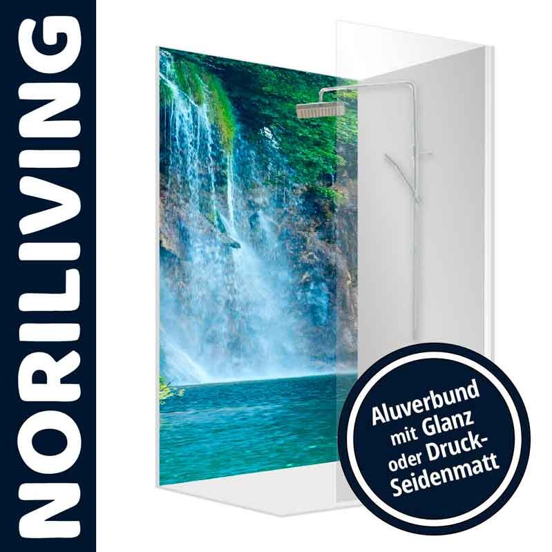 Duschpaneel von NORILIVING mit idyllischem Wasserfallmotiv, erhältlich in Glanz oder Druck-Seidenmatt Ausführung