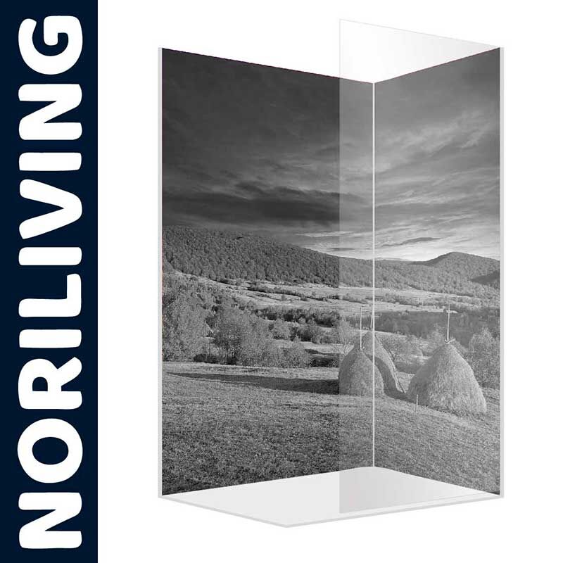 Raumteiler mit schwarz-weißem Landschaftsmotiv und der Marke Noriliving