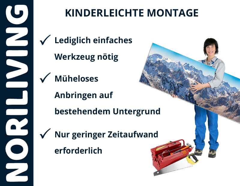 Person hält ein Bild mit Bergen, Text über leichte Montage mit Noriliving.