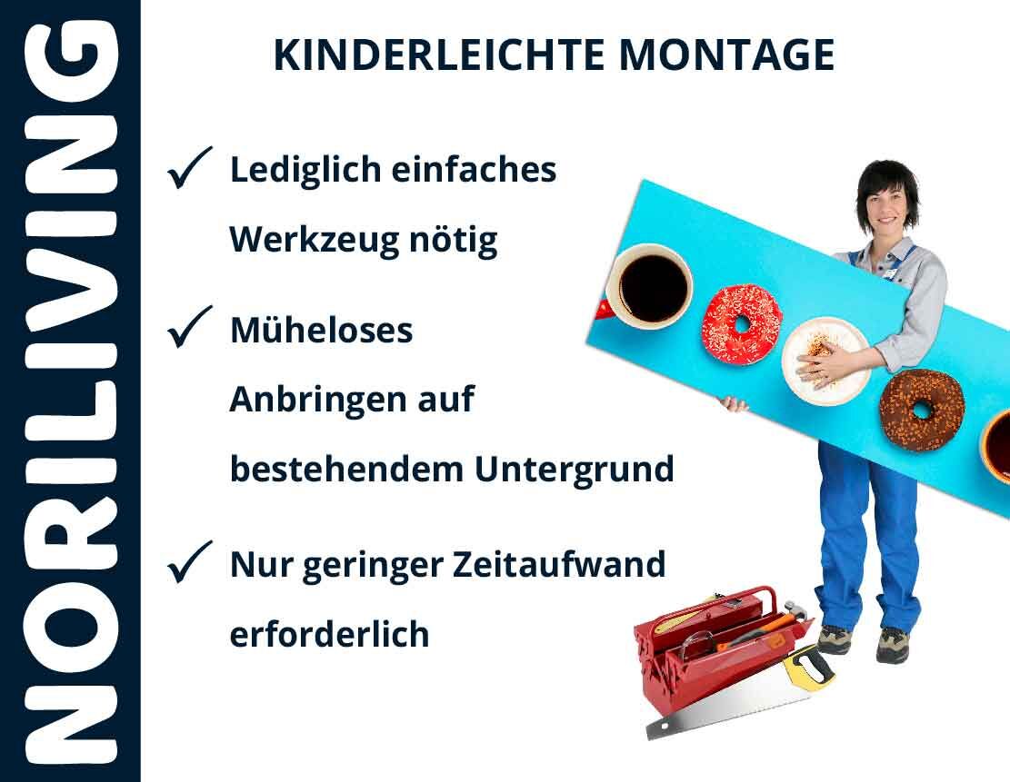 Person mit großem Balken, Werkzeug und Donuts, NORILIVING, kinderleichte Montage, einfaches Werkzeug, müheloses Anbringen, geringer Zeitaufwand