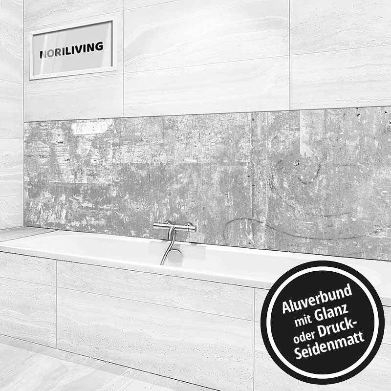 Ansicht des Badrückwand-Motivs Grunge graue Metallwand 436 schwarz-weiß Höhe zentriert
