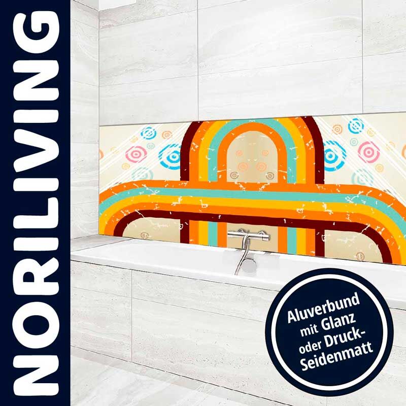 Badezimmer mit farbenfroher Wandgestaltung aus Aluverbundplatten mit Glanz- oder Druck-Seidenmatt-Finish, von NORILIVING