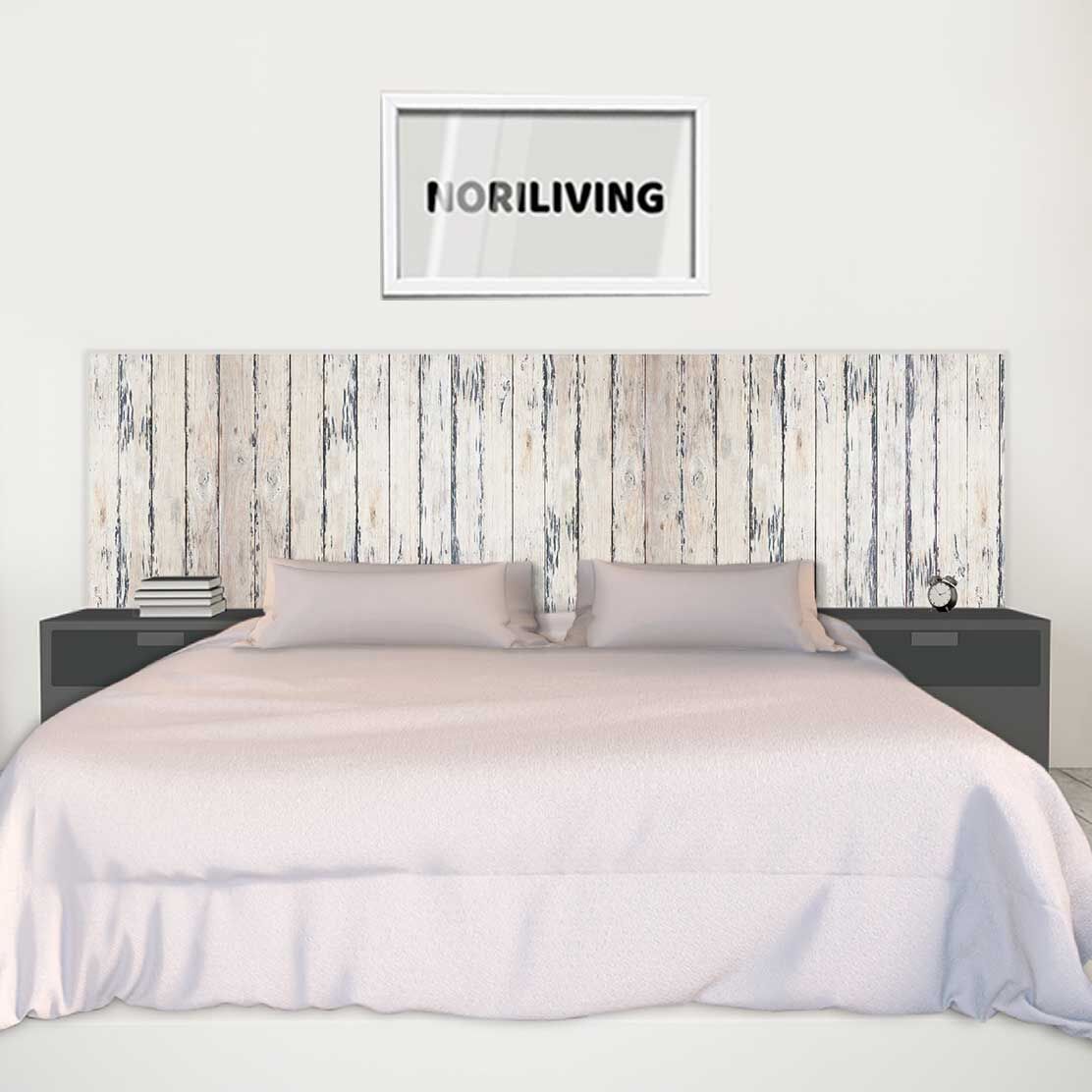 im Schlafzimmer eingebaute Bettrückwand mit Motiv Beige-grauer Holzzaun 387