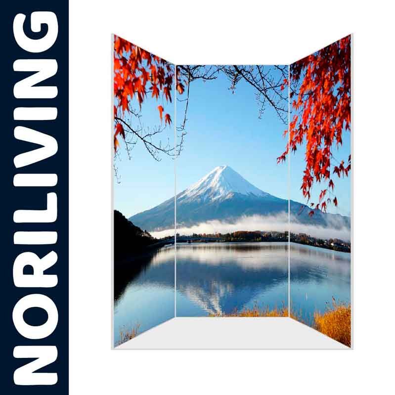 Raumteiler mit Landschaftsbild vom Berg Fuji und herbstlichen roten Blättern am See