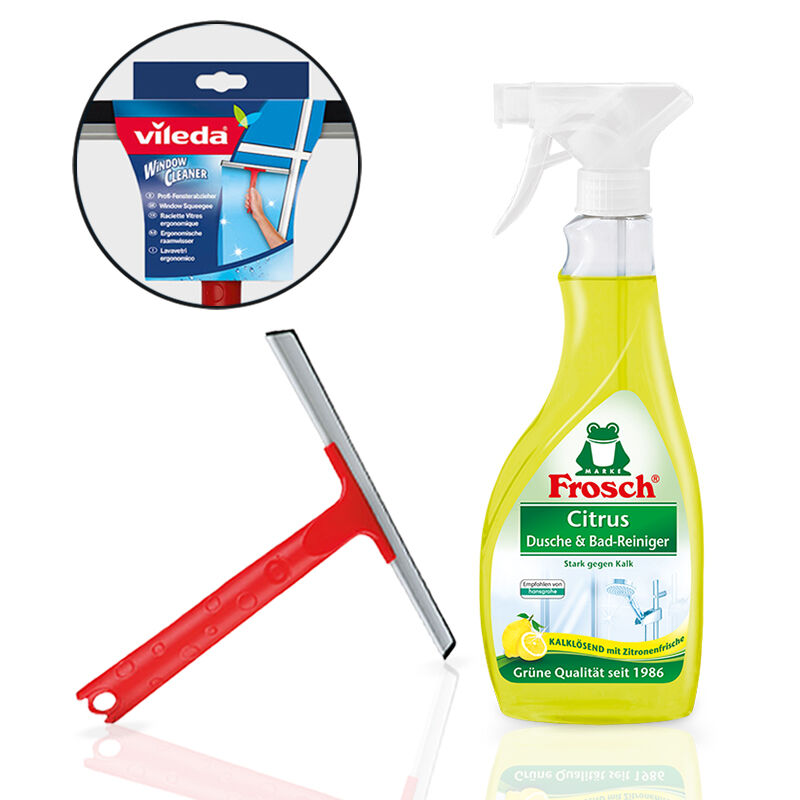 Fensterabzieher und Citrus Badreiniger Set Fensterabzieher von Vileda und Frosch Citrus Dusche & Bad-Reiniger