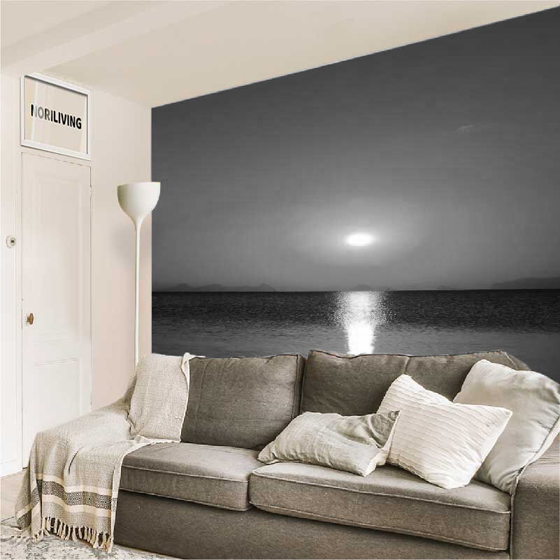 im Wohnzimmer eingebaute Wohnzimmerrückwand mit Motiv Sonnenuntergang am tropischen Meer 982 schwarz-weiß