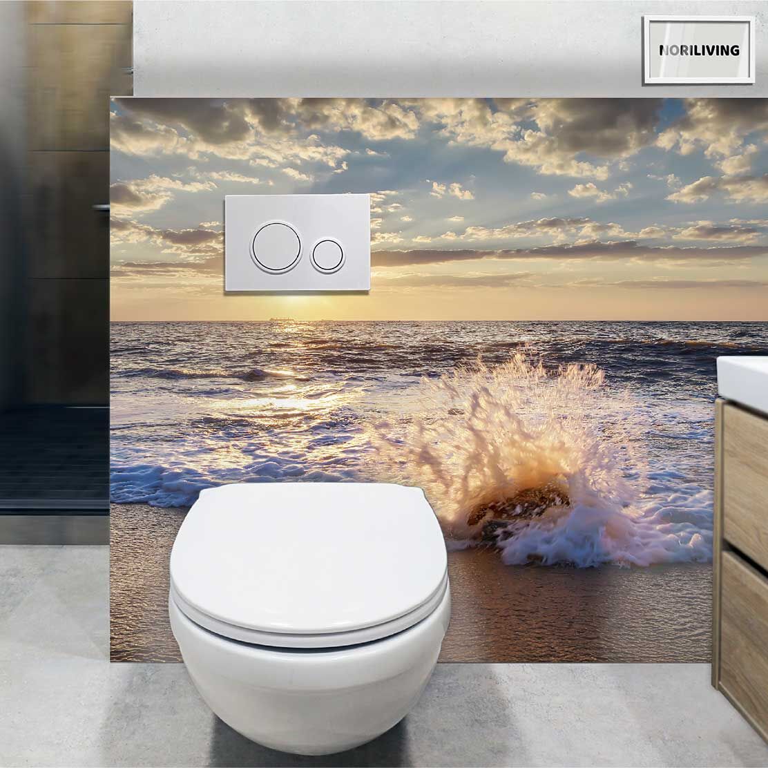 im WC eingebaute Toilettenrückwand mit Motiv Sonnenuntergang am Meer 859