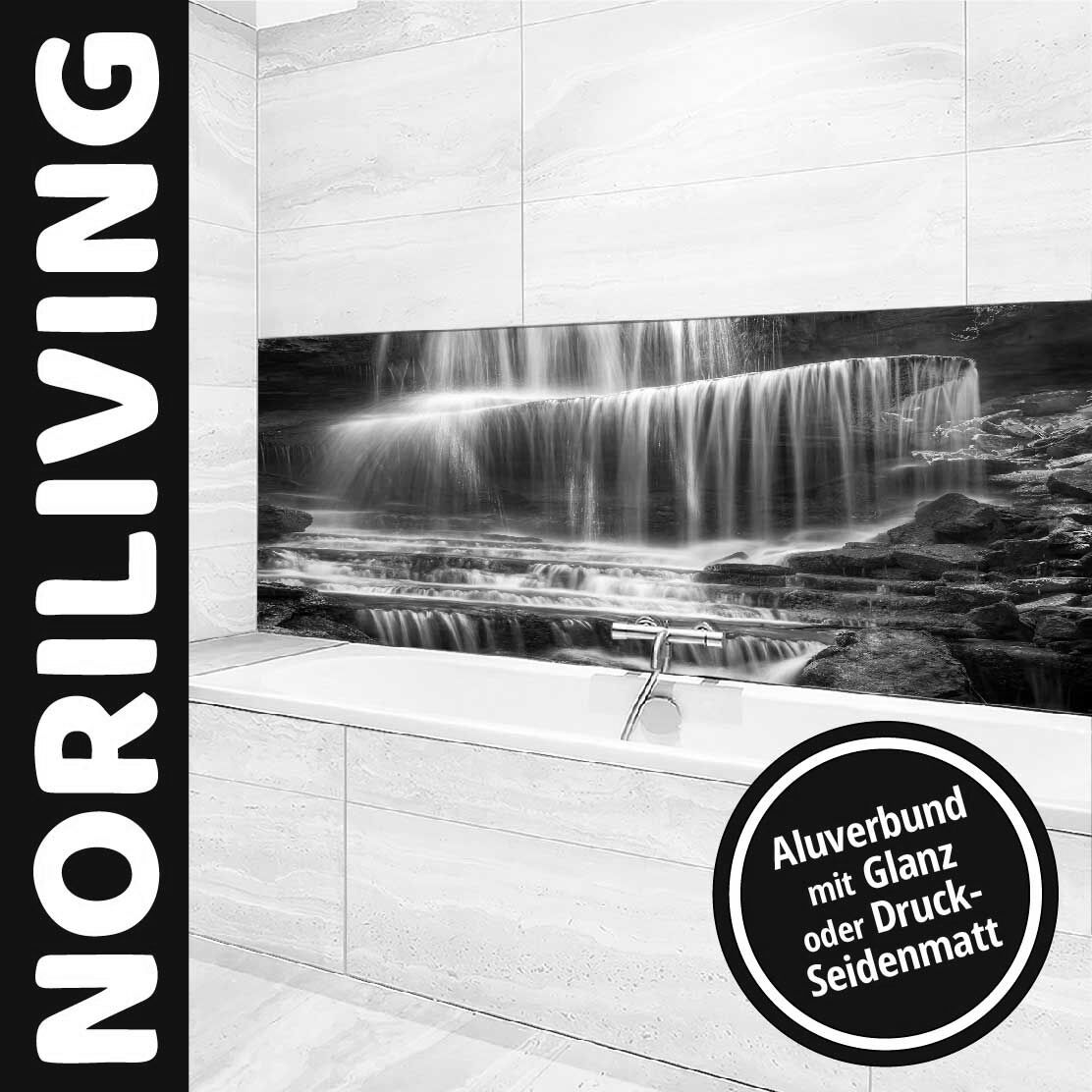 Ansicht des Badrückwand-Motivs Wasserfall Kaskaden 644 schwarz-weiß Oberkante