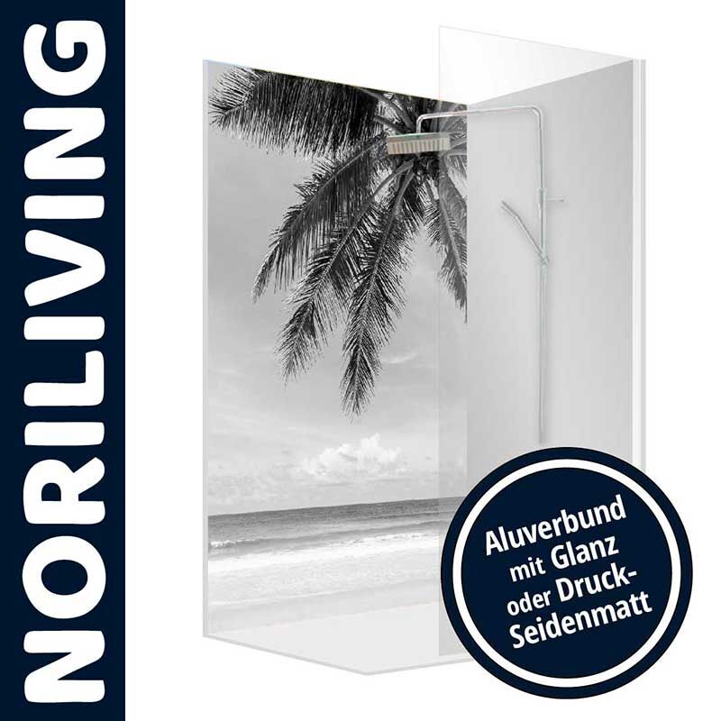 Schwarz-weiße Duschtrennwand mit Palmenstrand-Motiv und Aluverbundmaterial, Marke NORILIVING