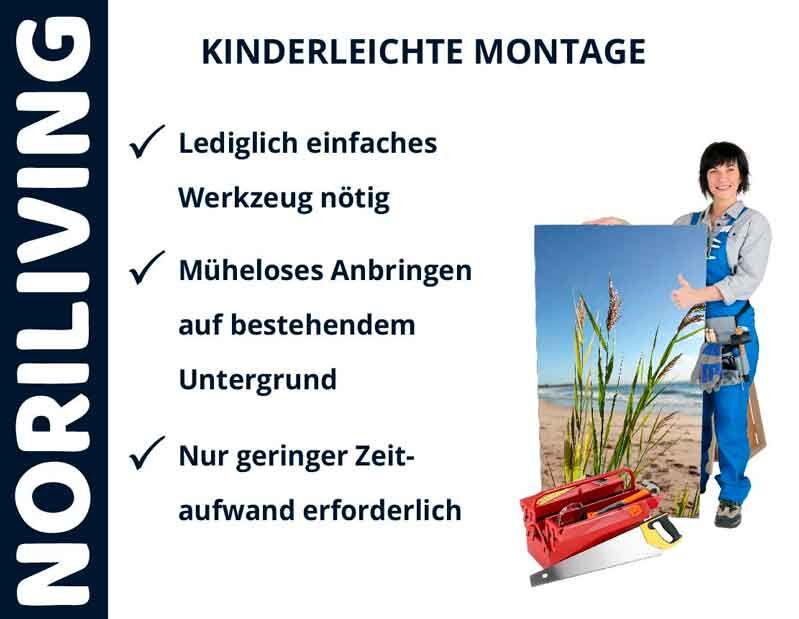 Werbung von Noriliving zur kinderleichten Montage mit einfachem Werkzeug, mühelosem Anbringen und geringem Zeitaufwand. Eine Frau hält ein Bild mit Montagewerkzeug.