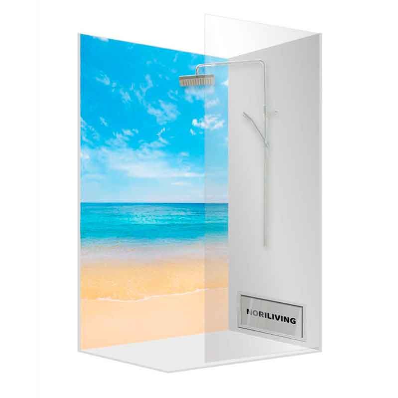 Glasduschkabine mit Strandmotiv und minimalistischem Design