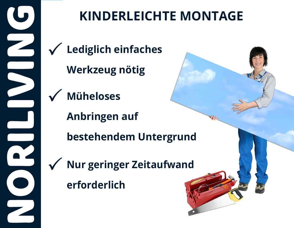 Frau hält Wanddekoration mit Werkzeug für einfache Montage. Text: Kinderleichte Montage, Lediglich einfaches Werkzeug nötig, Müheloses Anbringen, Geringer Zeitaufwand. NoriLiving-Logo.