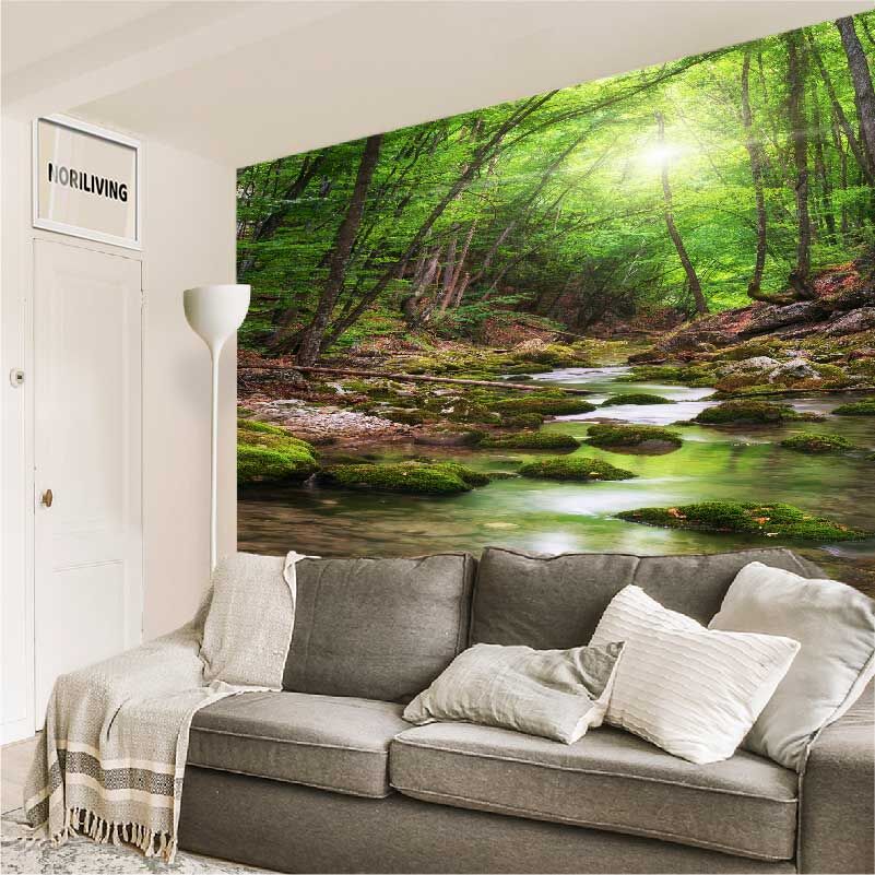im Wohnzimmer eingebaute Wohnzimmerrückwand mit Motiv Fluss im Wald 512