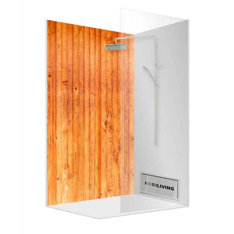 Glasdusche mit Holzverkleidung und Regenduschkopf