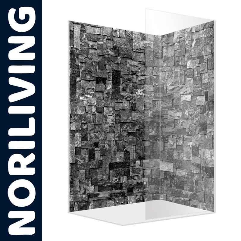 Duschwand von Noriliving mit klarem Glas und grauem Steinmuster für modernes Bad
