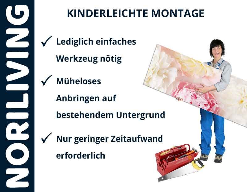 Frau präsentiert Montagevorteile von NORILIVING: Einfache Werkzeuge, mühelose Anbringung und geringer Zeitaufwand.