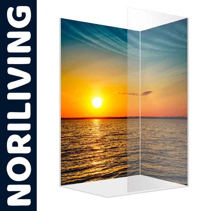 Duschwand von NORILIVING mit wunderschönem Sonnenuntergang am Meer