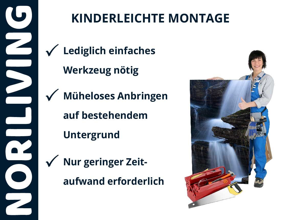 Frau präsentiert NORILIVING Produkt mit einfacher Montageanleitung: Lediglich einfaches Werkzeug nötig, müheloses Anbringen und geringer Zeitaufwand.