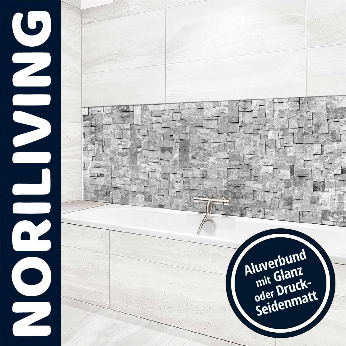 Badezimmer mit moderner Rückwand aus Aluverbund, glänzend oder druck-seidenmatt