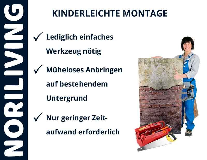 Werbung für Noriliving mit einfacher Montagebeschreibung, inklusive Werkzeug und schnellem Anbringen an bestehenden Untergrund.
