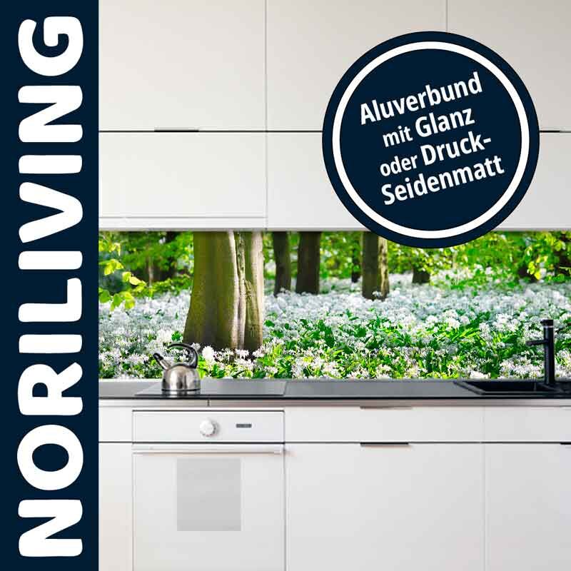 Küchenansicht mit Aluverbund-Rückwand, die ein Waldmotiv und den Text 'Aluverbund mit Glanz oder Druck-Seidenmatt' zeigt, daneben NORILIVING-Logo