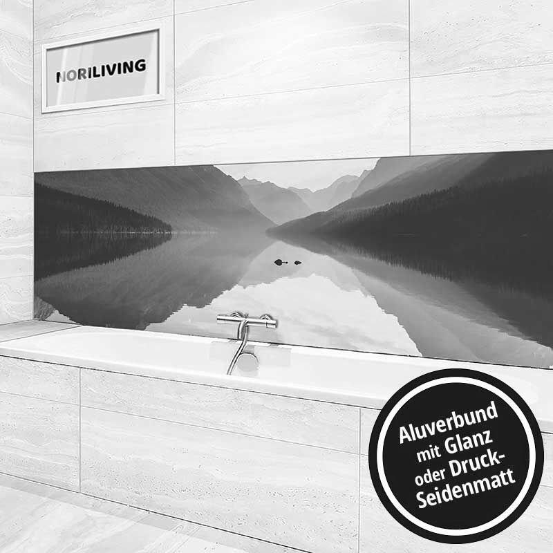 Ansicht des Badrückwand-Motivs Glacier-Nationalpark 978 schwarz-weiß Höhe zentriert