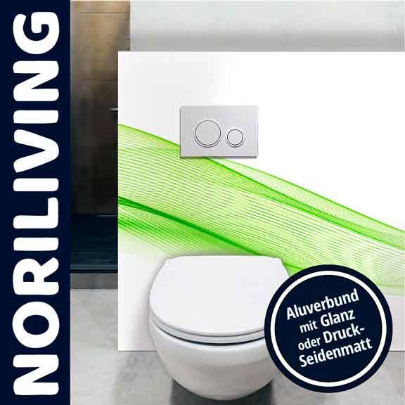 WC-Verkleidung von Noriliving mit grünem Designstreifen und Spülsystem, Aluverbundmaterial in Glanz oder Druck-Seidenmatt verfügbar