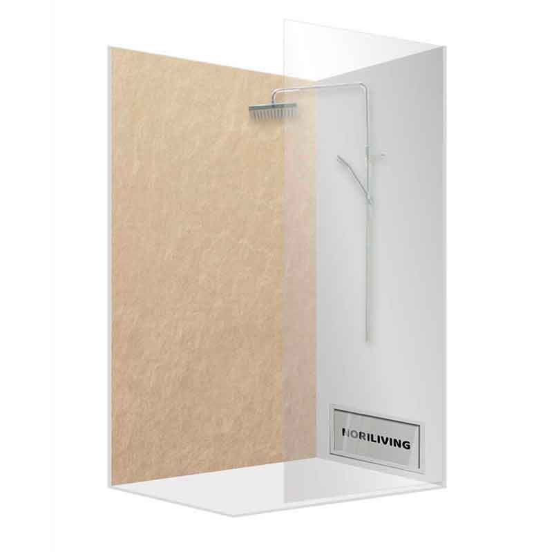 Elegante Duschverkleidung mit Glastrennwand, beige Rückwand und Regendusche