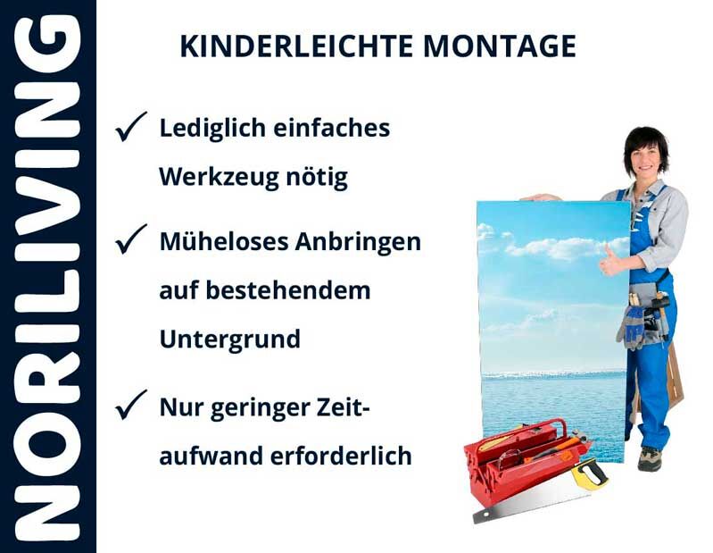 Handwerker mit Bild und Montagewerkzeug präsentiert kinderleichte Installation, nur einfaches Werkzeug nötig
