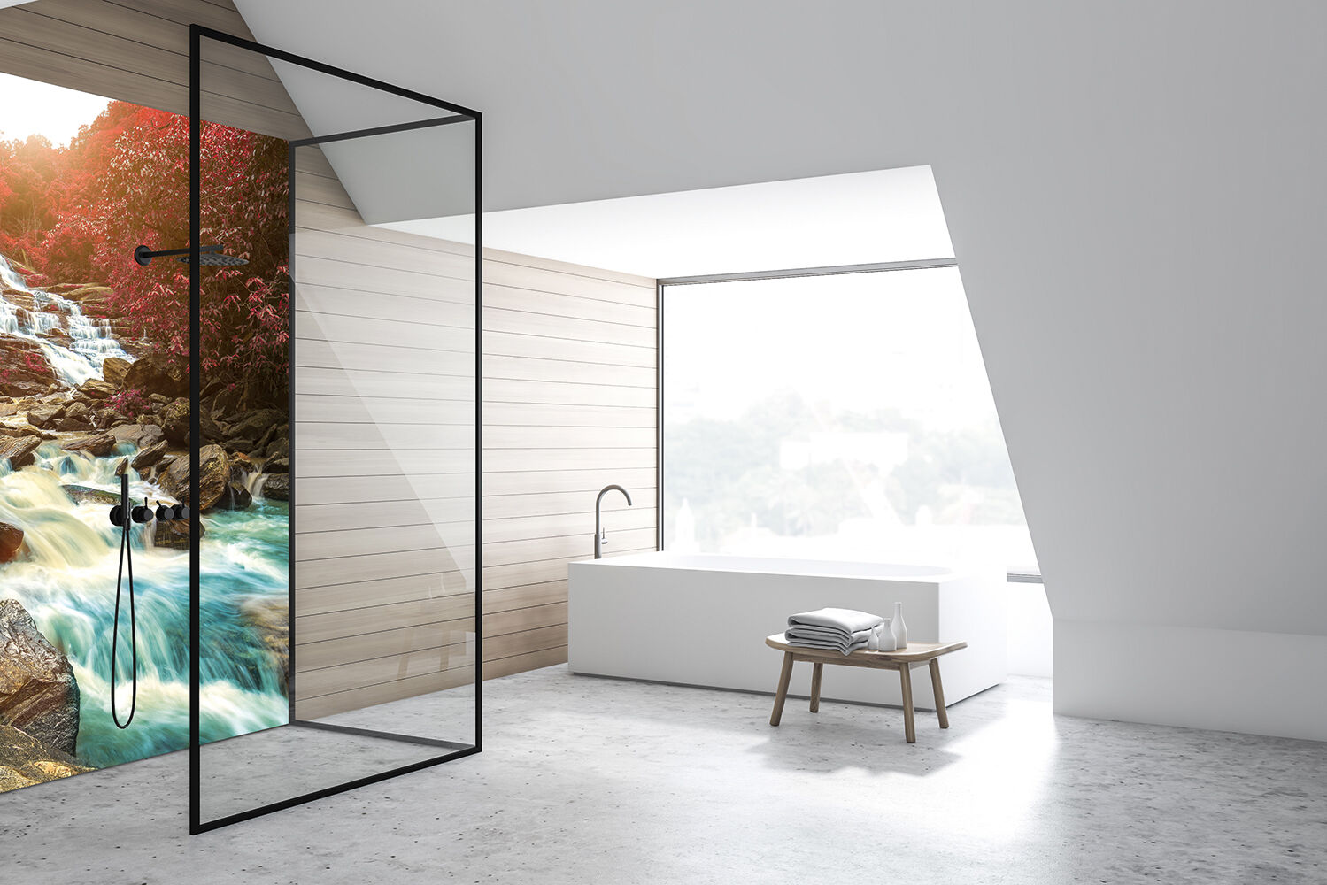 Duschrückwand Fluss und Steine Badezimmer mit Duschrückwand in Flussoptik