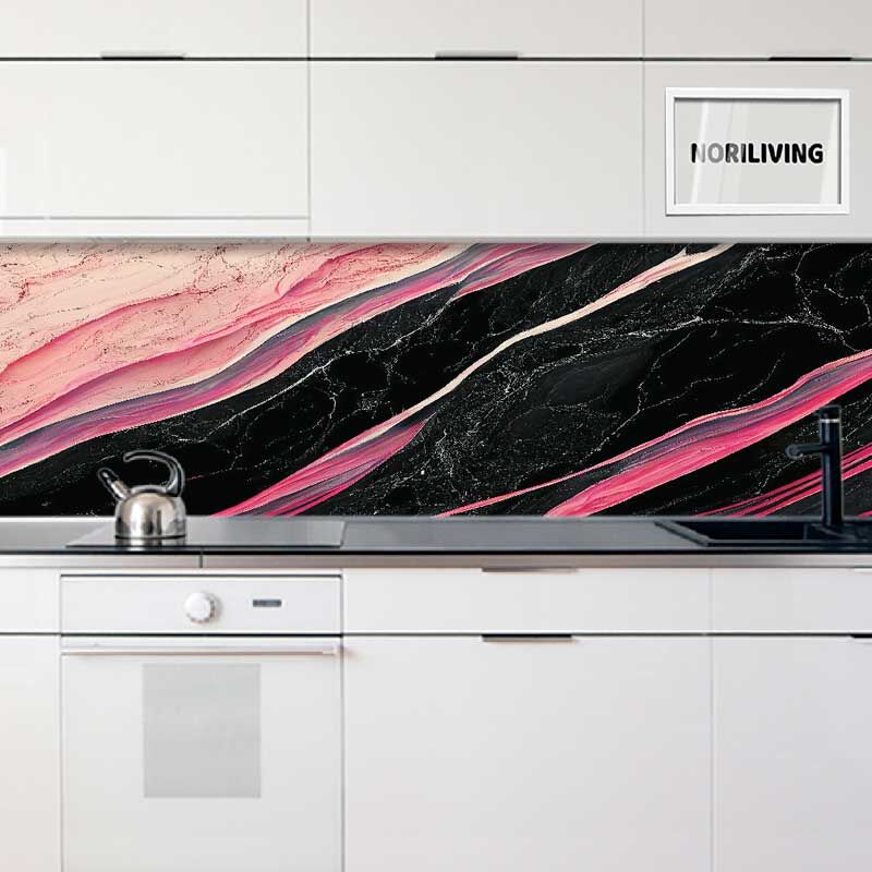 in der Küche eingebaute Küchenrückwand mit Motiv Marmor beige-rosé-purpur-schwarz 081
