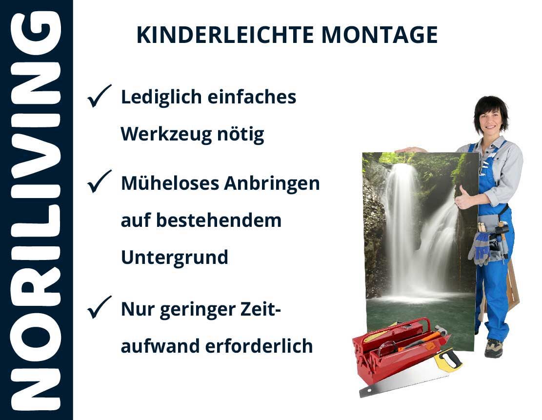 Montage-Anleitung von Noriliving, Bild einer Wasserfall-Dekoration, Frau in Arbeitskleidung.