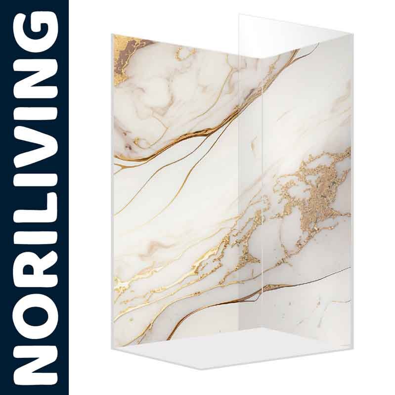 Elegante Duschwand aus Glas mit weiß-goldenem Marmor-Muster von Noriliving