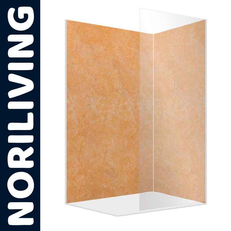 Duschabtrennung von NoriLiving mit oranger Wandverkleidung