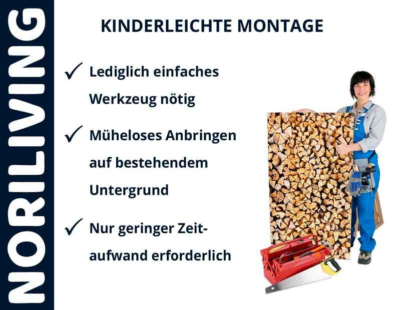 Werbung für NORILIVING mit einfacher Montage. Frau hält eine Platte mit Holzoptik. Benötigt nur einfaches Werkzeug und wenig Zeit.