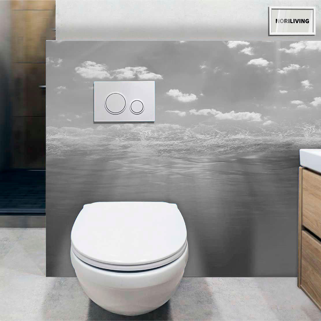 im WC eingebaute Toilettenrückwand mit Motiv Unterwasser in der Tiefe 927b schwarz-weiß