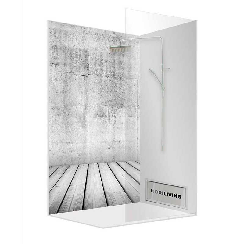 Moderne Duschkabine mit Betonwand und Holzboden, ausgestattet mit Regenduschkopf und Glaswänden