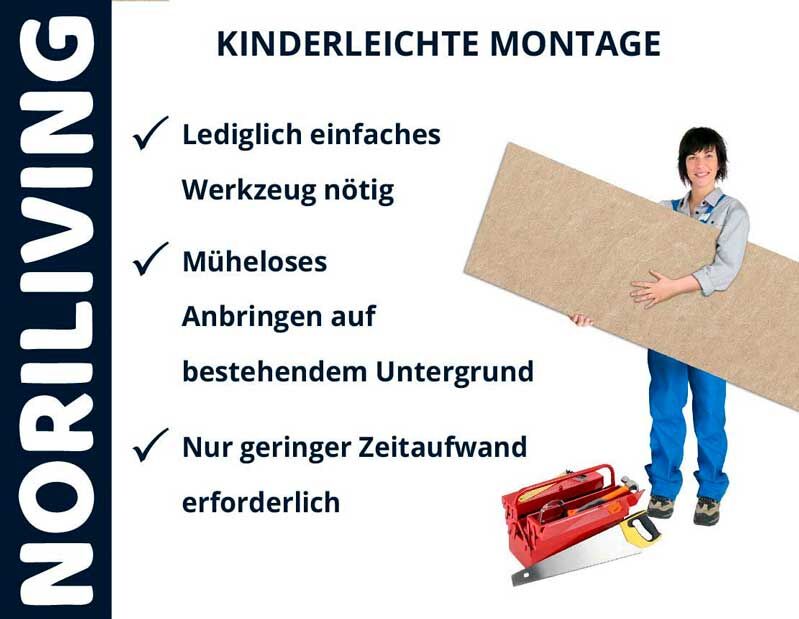 Person hält Holzplatte neben Werkzeugkiste, mit Text: Lediglich einfaches Werkzeug nötig, müheloses Anbringen auf bestehendem Untergrund, nur geringer Zeitaufwand erforderlich.