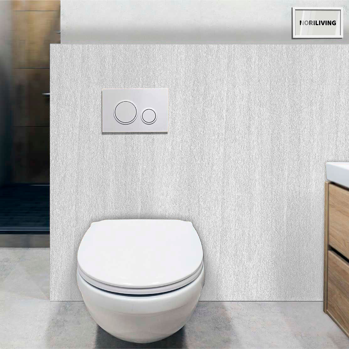 im WC eingebaute Toilettenrückwand mit Motiv Steinoptik verputzt Sand beige 691 schwarz-weiß