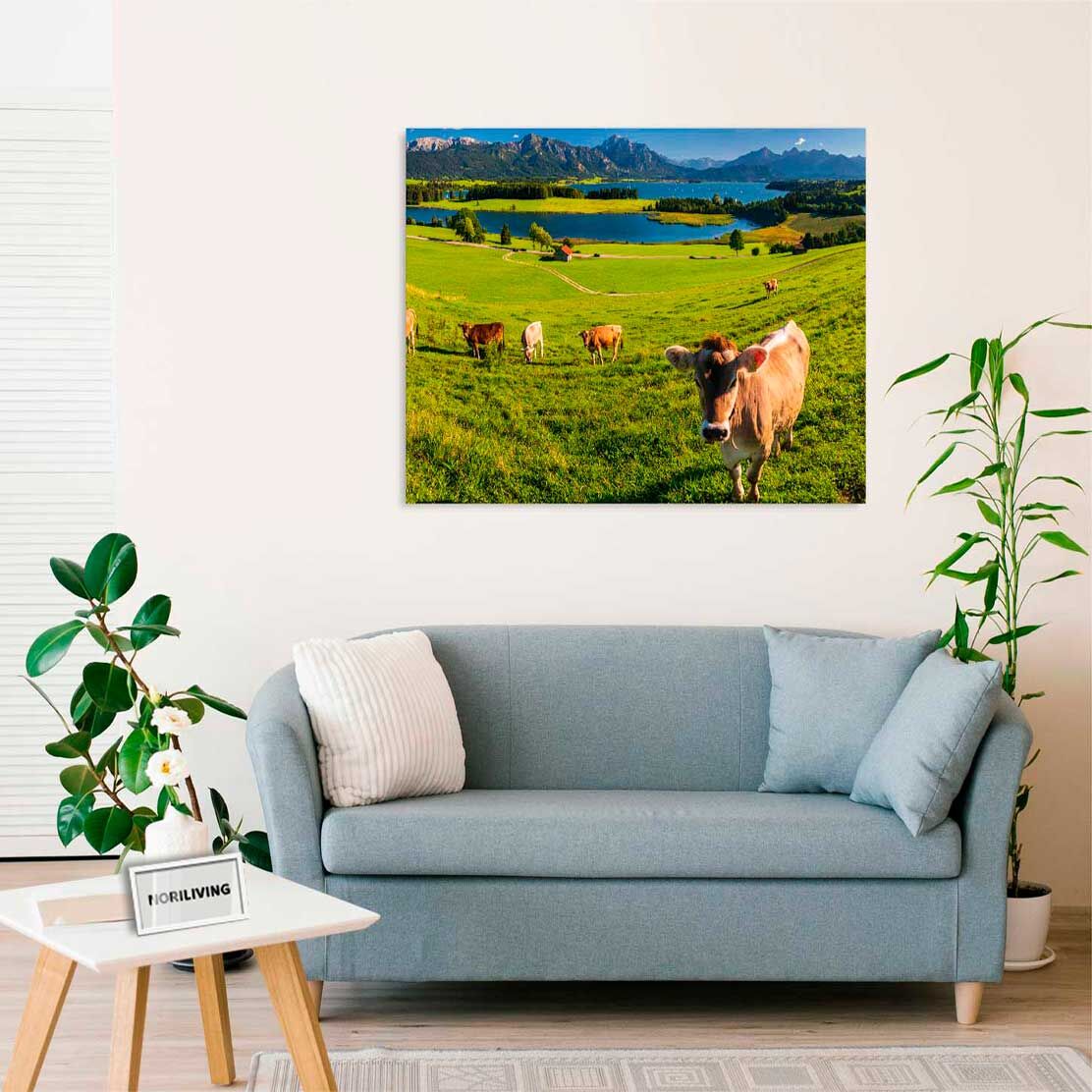 Wandbild über dem Sofa mit Motiv Kühe in Alpenidylle 260