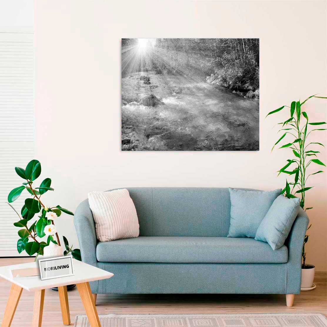 Wandbild über dem Sofa mit Motiv Sonnenuntergang an der Loisach Bayern 726 schwarz-weiß