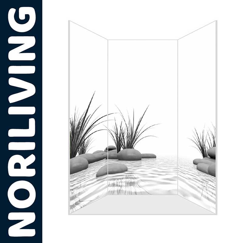 Duschwand von NORILIVING mit Motiv von Sträuchern und Steinen im Wasser