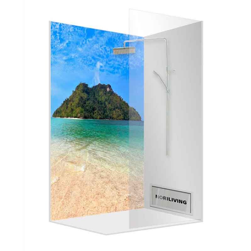 Glasdusche mit Rückwand, die ein tropisches Insel- und Strandmotiv zeigt