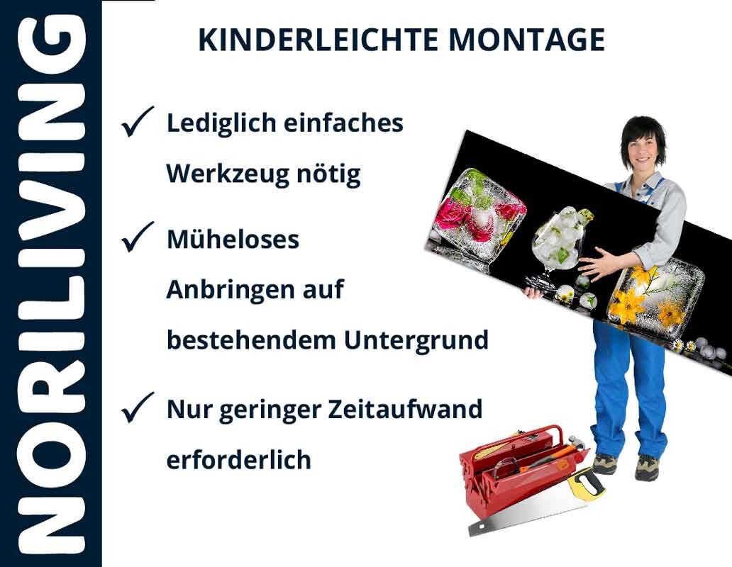 Plakat von NORILIVING über einfache Montage: Nur einfaches Werkzeug benötigt, müheloses Anbringen, geringer Zeitaufwand. Person hält ein Bild, daneben Werkzeug.