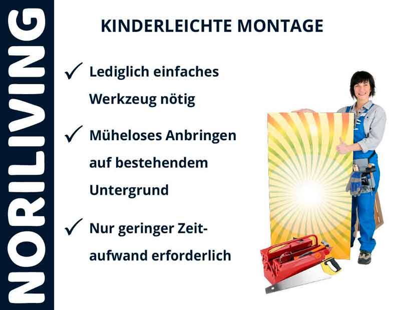 Person hält ein farbenfrohes Banner neben Checkliste für einfache Montage, minimaler Zeitaufwand und Werkzeug