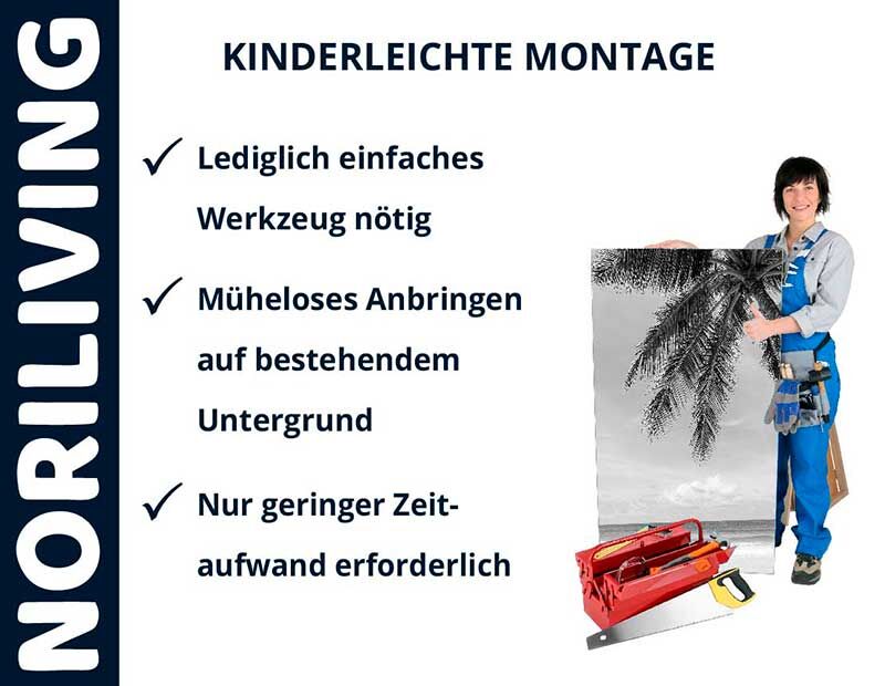 Frau mit Arbeitskleidung hält Bild in der Hand, daneben Text: 'Kinderleichte Montage', 'lediglich einfaches Werkzeug nötig', 'müheloses Anbringen', 'nur geringer Zeitaufwand'.