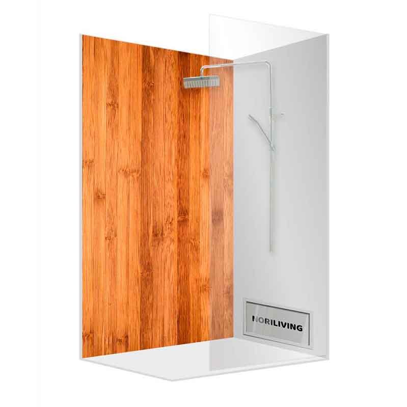 Moderne Dusche mit Glaswand und Holzverkleidung